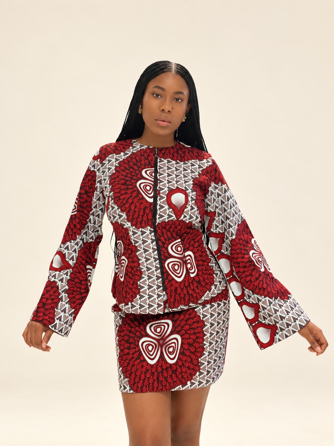 Zip-front jacket and mini skirt — Bold floral ankara cotton